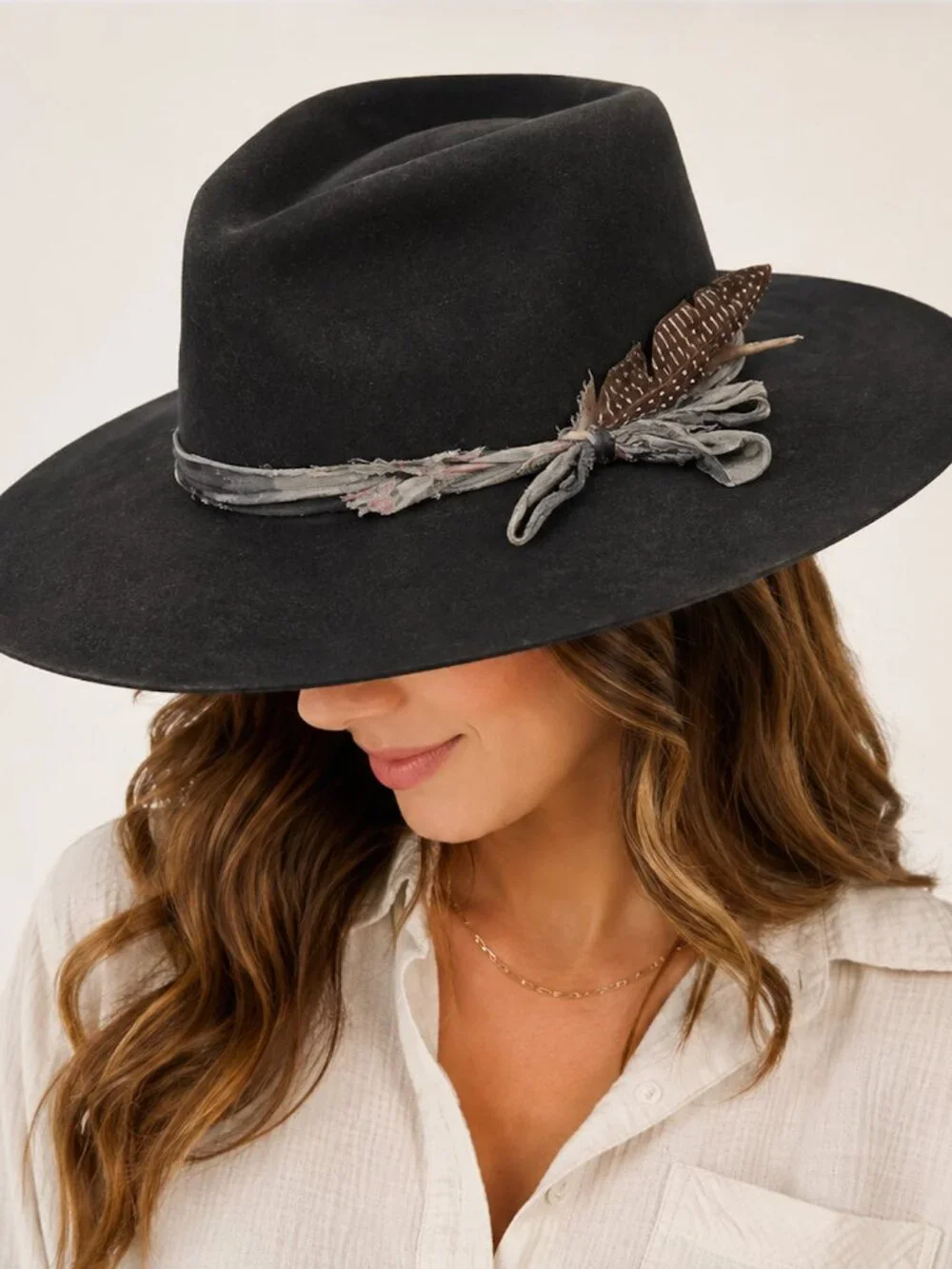 Lovely Bird Malibu Wool Felt Rancher Hat Black Cowgirl Feather Trim Boho Western